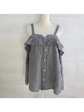 NWT Mur Mur - Gray & white striped cold shoulder button front top, L